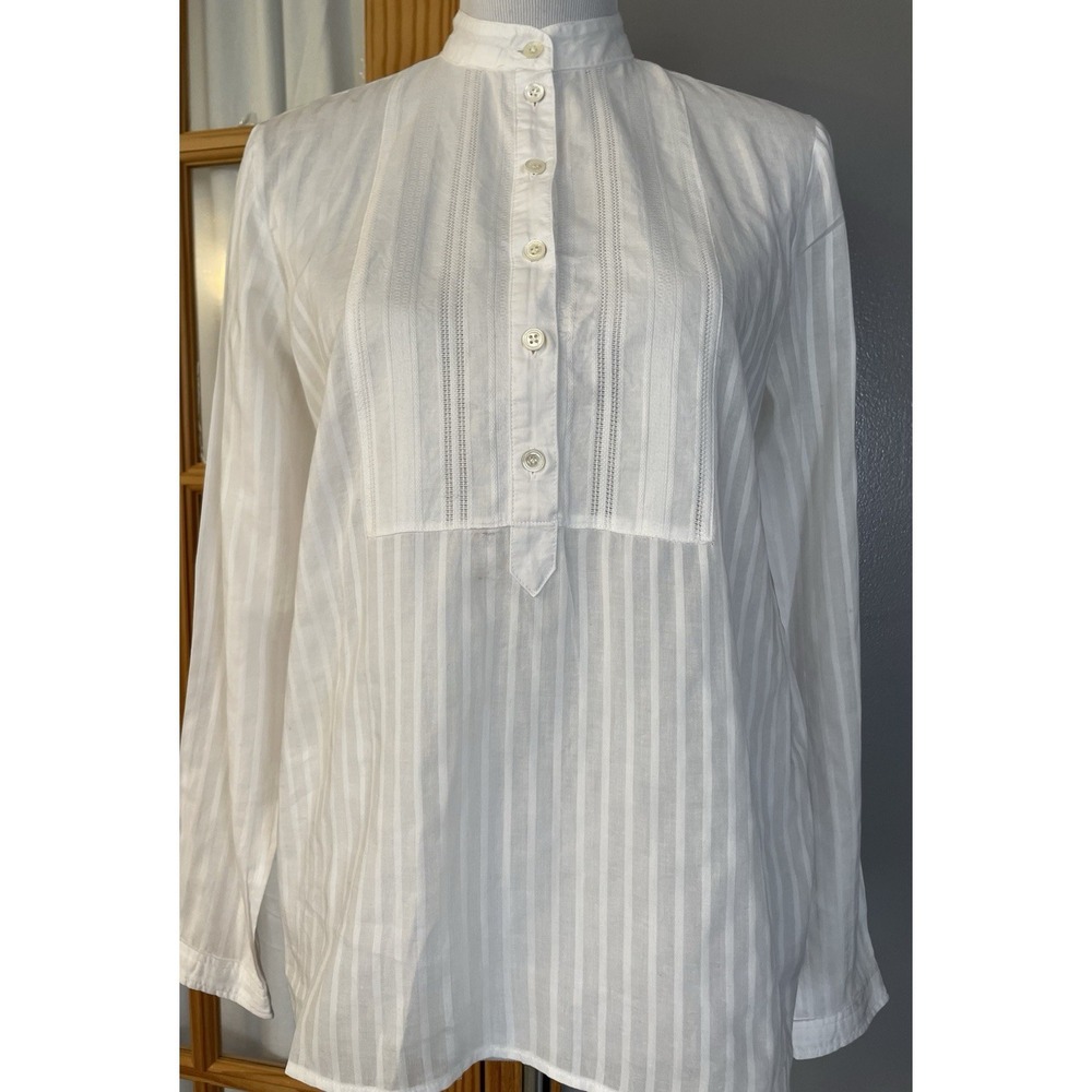 J Crew White Striped Shirt Womens Sz S White Long Sleeve Henley Neck Minimalist